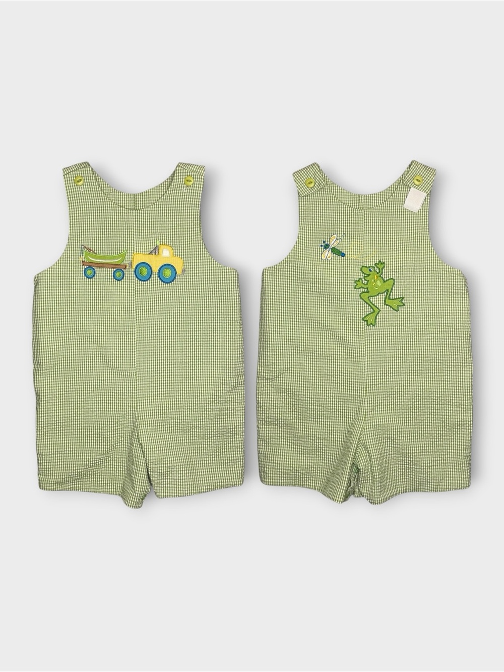 Vintage Gingham Plaid Applique Reversible Frog Truck Seersucker Romper